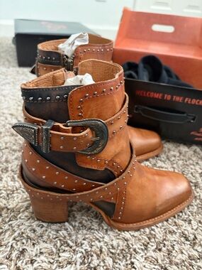 Freebird Patsy Studded Tan Leather Ankle Boots with Buckle